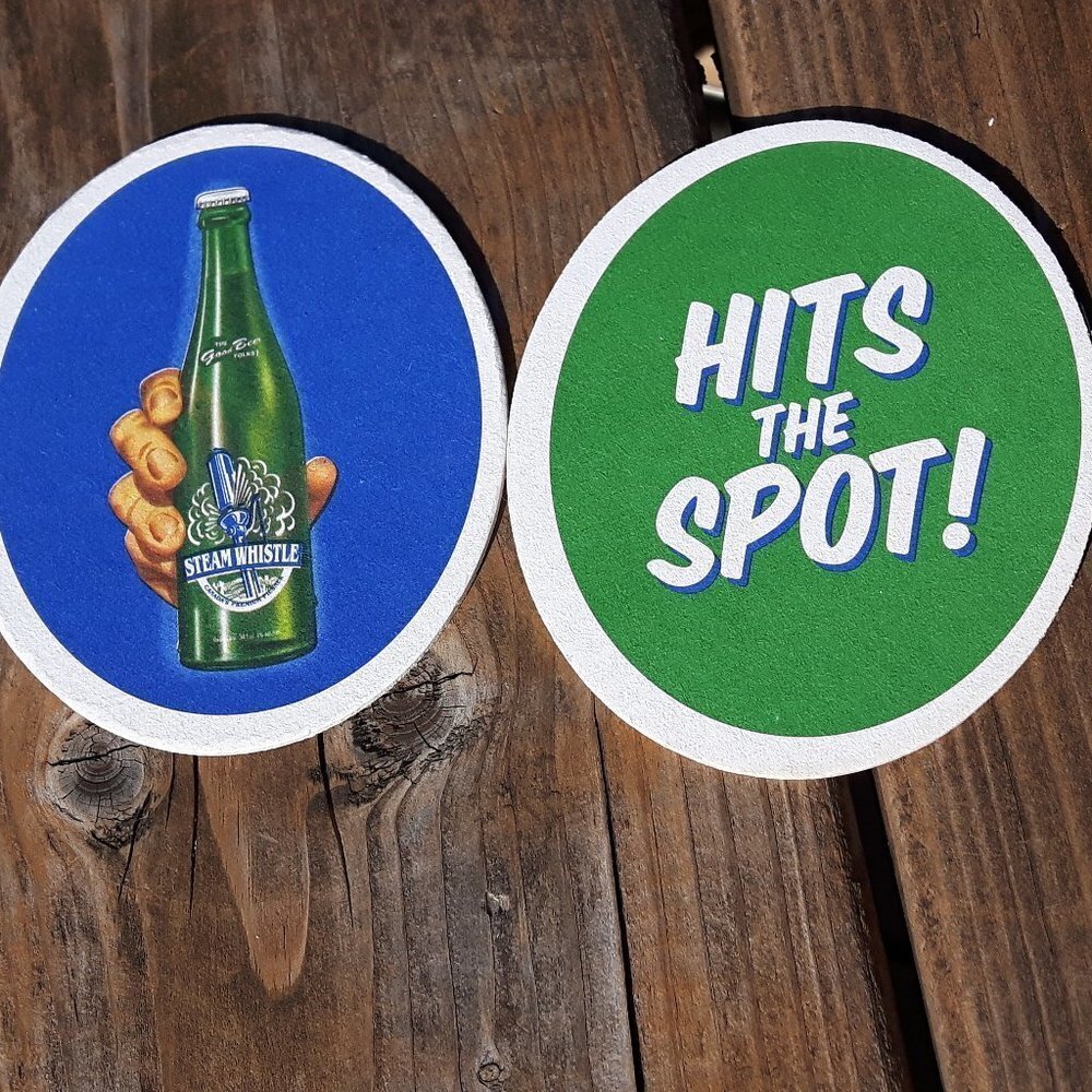 Vintage Steam Whistle Coaster Pair "Hits the Spot"
